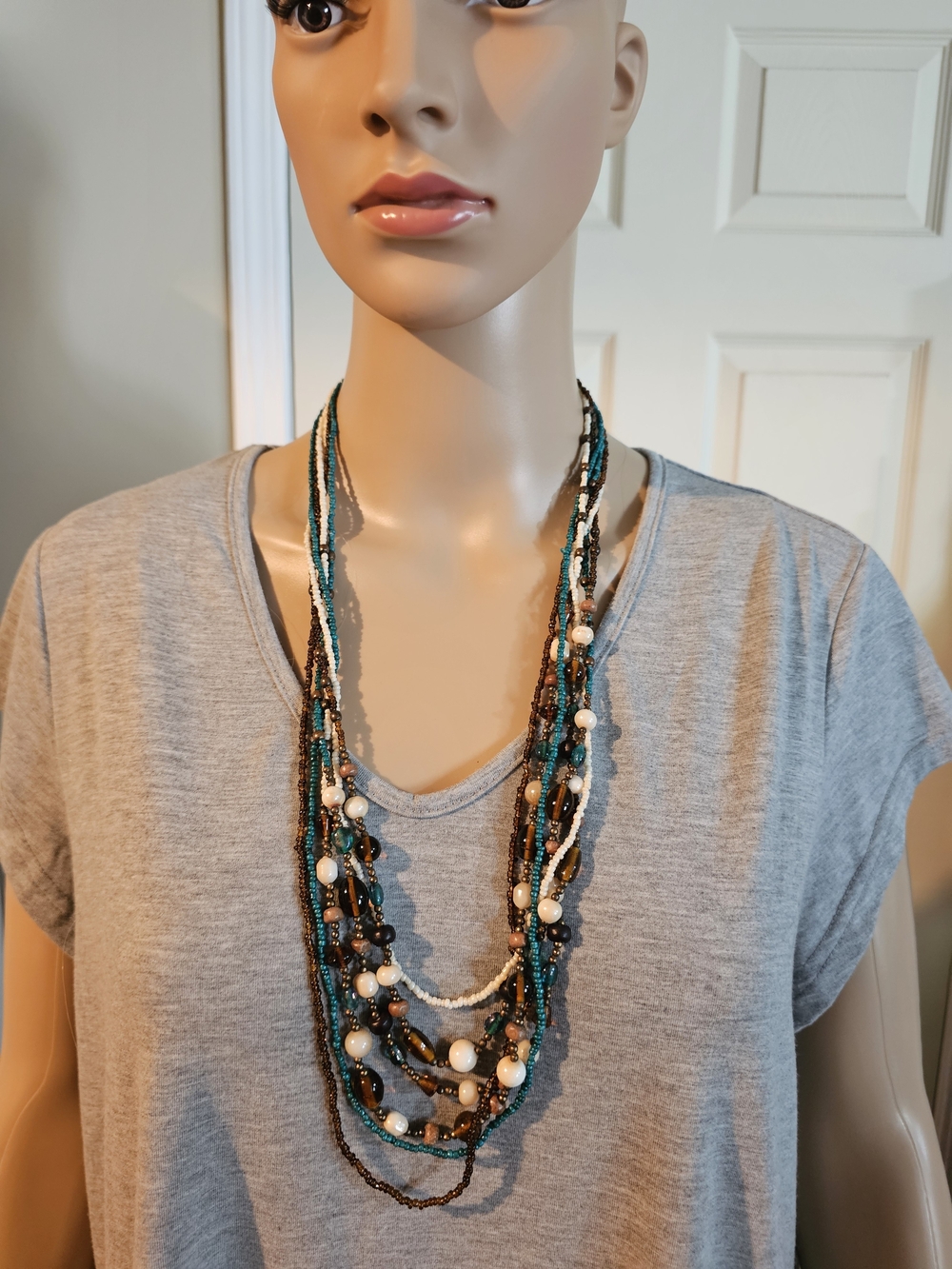 Multi-Strand Teal, Brown & White Beaded Necklace - Women Jewelry